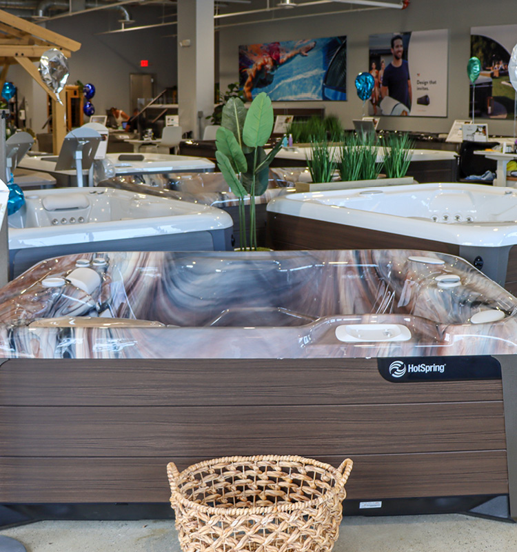 Interior photo of the hot tubs inside the Bedford, New Hampshire showroom