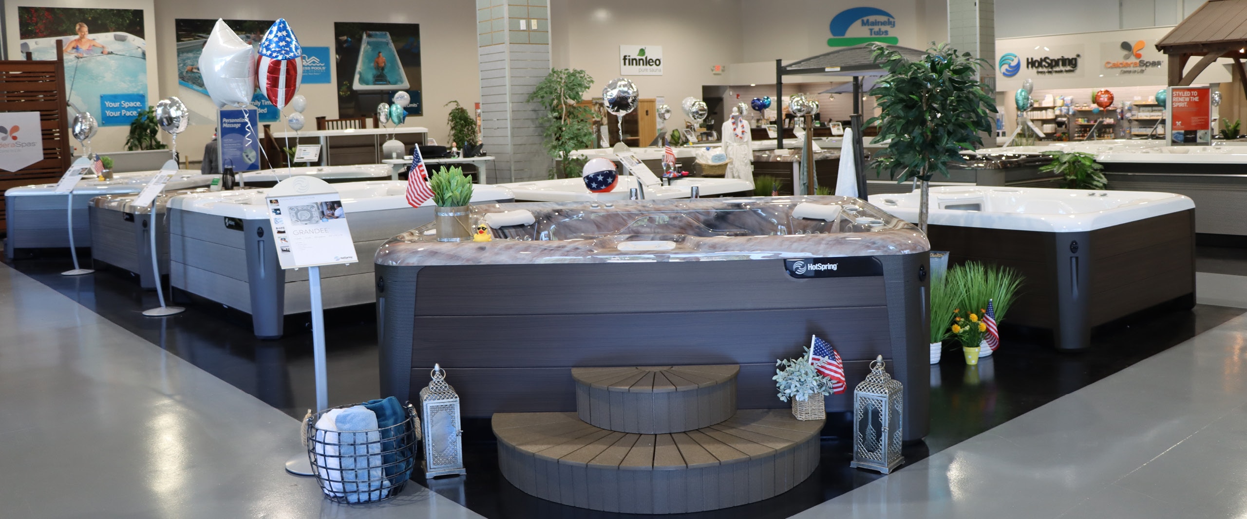 Interior photo of the hot tubs inside the Rye, New Hampshire showroom