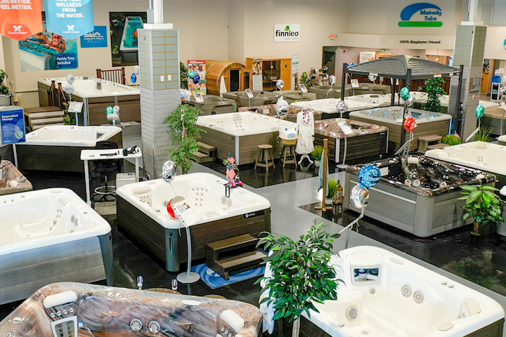 Interior shot of hot tubs in the Rye showroom