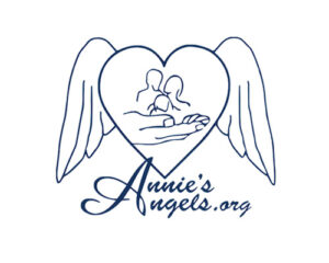 Annie's Angels logo a heart with a hand holding people inside and angels wings attached.