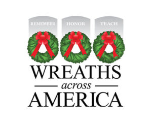 Wreaths across America logo with three wreaths and the words "Remember, honor and teach" on top