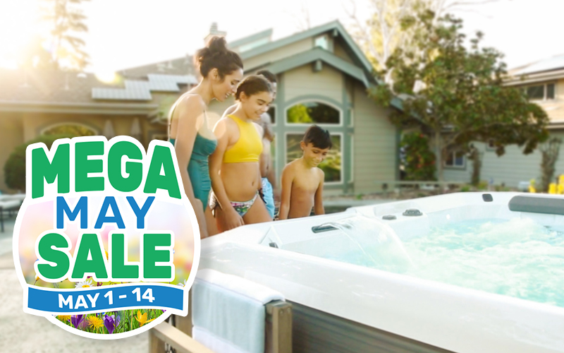 Mega May sale banner. Family gathered around a hot tub.